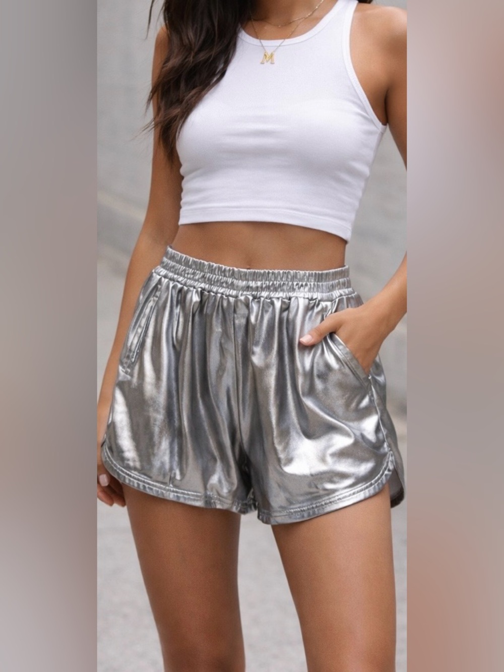 Silver Metallic Shorts with Pockets Size M